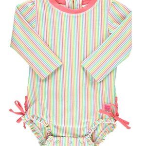 RuffleButts Rainbow Seersucker Long Sleeve Rash Guard- 12-18 M